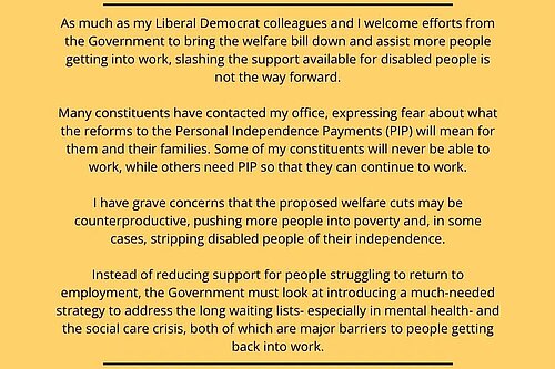 Rachel Gilmour MP's statement on welfare reforms 